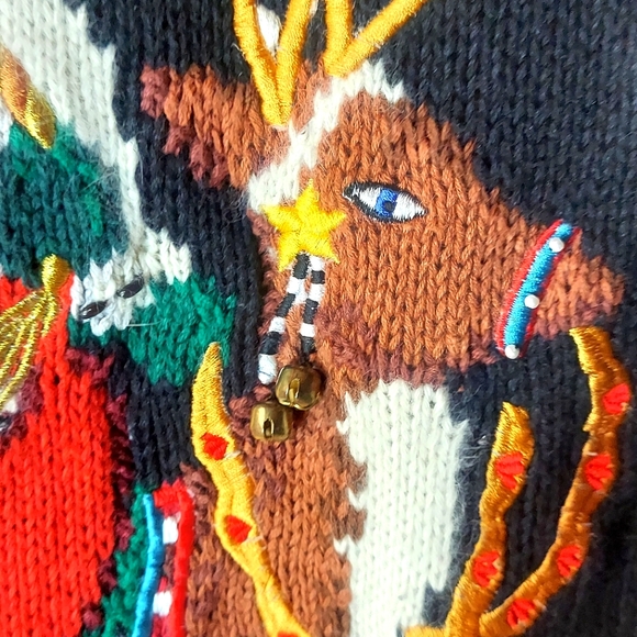 Marisa Christina Classics Vtg Black/Multi Knit Santa Claus & Reindeer Sweater - Picture 6 of 13
